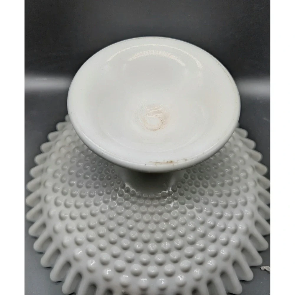 Fenton White‎ Milk Glass Hobnail Pedestal Compote Bowl Crimped Ruffle Edge